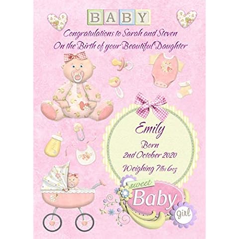 Personalised Baby Girl New Born Congratulations Greeting Card (Parents Names, Baby Name, Birth Date, Birth Weight) Cover