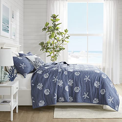 Harbor House Seaside Reversible Cotton Quilt Set Coastal Clam, Starfish, Coral Embroidery, All Season, Pre-Washed Coverlet Bedding Layer, Decorative Pillow, King/Cal King(108"x90") Navy 4 Piece - Image 13