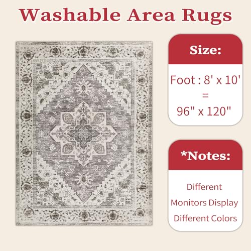 SERISSA Boho 8x10 Area Rugs, Washable Vintage Large Living Room Rug Non-Slip, Ultra Soft Oriental Print Distressed Farmhouse Earth Tone Carpet for Dining Room Bedroom Dorm Office Home Decor