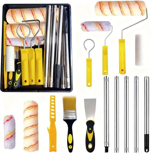 ペイントローラーキット 5段伸縮ポール付き (最大150cm) 23cm&10cm マイクロファイバー スポンジローラー 水性塗料 油性塗料 兼用 室内外用 壁塗装 天井塗装 DIY プロ仕様 省漆 均一仕上 (17点セット)