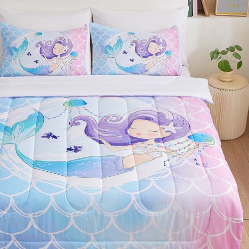 Image of 5 Piece Mermaid Comforter Twin Size, Mermaid Bedding Twin for Kids Girls, Kawaii Cute Reversible White Bed in a Bag, Soft Microfiber Children Adults Room Decor All Season