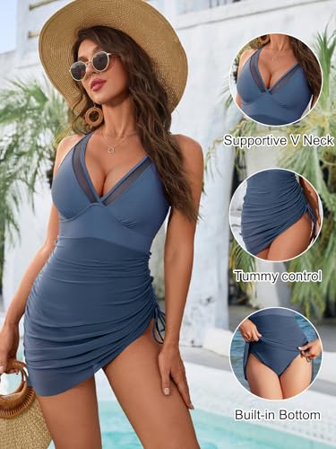 Image of Blooming Jelly Women One Piece Swim Dress Tummy Control Swimsuits Slimming Mesh Sheer Sarong Wraps Bathing Suit