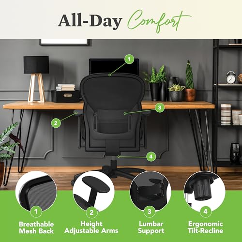 Image of HON Wave High Back Ergonomic Office Chair with Leather Seat and Breathable Mesh Back, Adjustable Arms, Synchro‑Tilt Recline and Swivel Wheels for Desk and Computer Use, Black