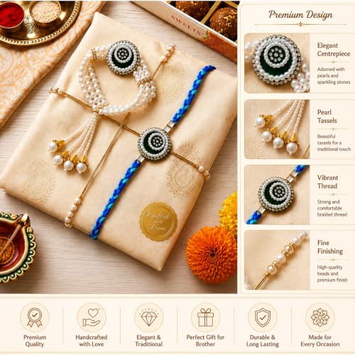 Image of Bhaiya Bhabhi Rakhi Set with Pearl Bracelet | Designer Rakhi for Brother & Bhabhi | Traditional Raksha Bandhan
