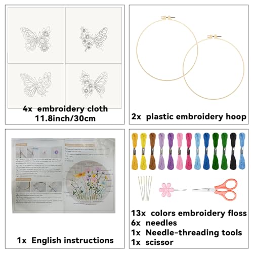 ORIGACH 4 Pack Flowers and Butterfly Embroidery Kits for Beginners DIY Starter Embroidery Kit with Floral and Butterfly Patterns and Instructions for Adults Women Crafting - Image 2
