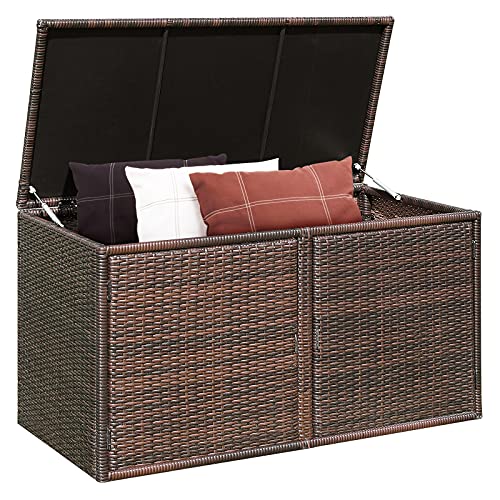 RELAX4LIFE Caja de almacenamiento de mimbre de polietileno, caja de almacenamiento de 2 niveles para muebles de patio, almacenamiento de juguetes con tapa y puertas delanteras, contenedor de