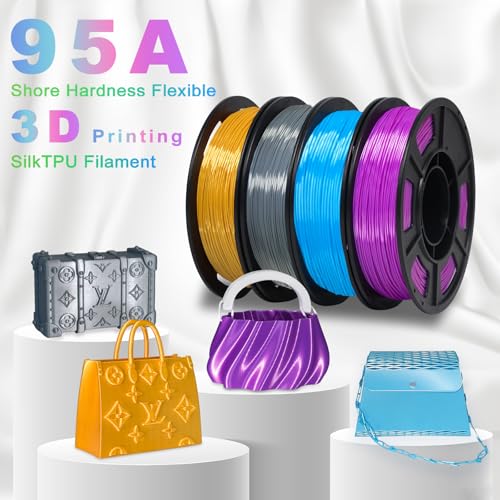 Image of YOUSU Silk TPU Filament 1.75mm, 95A TPU 3D Printer Flexible Filament, Soft Elastic & Durable, High Strength for Phone Case, Wearables & Functional Parts,4x250g Bundle, Gold,Dark Silver,Blue,Purple