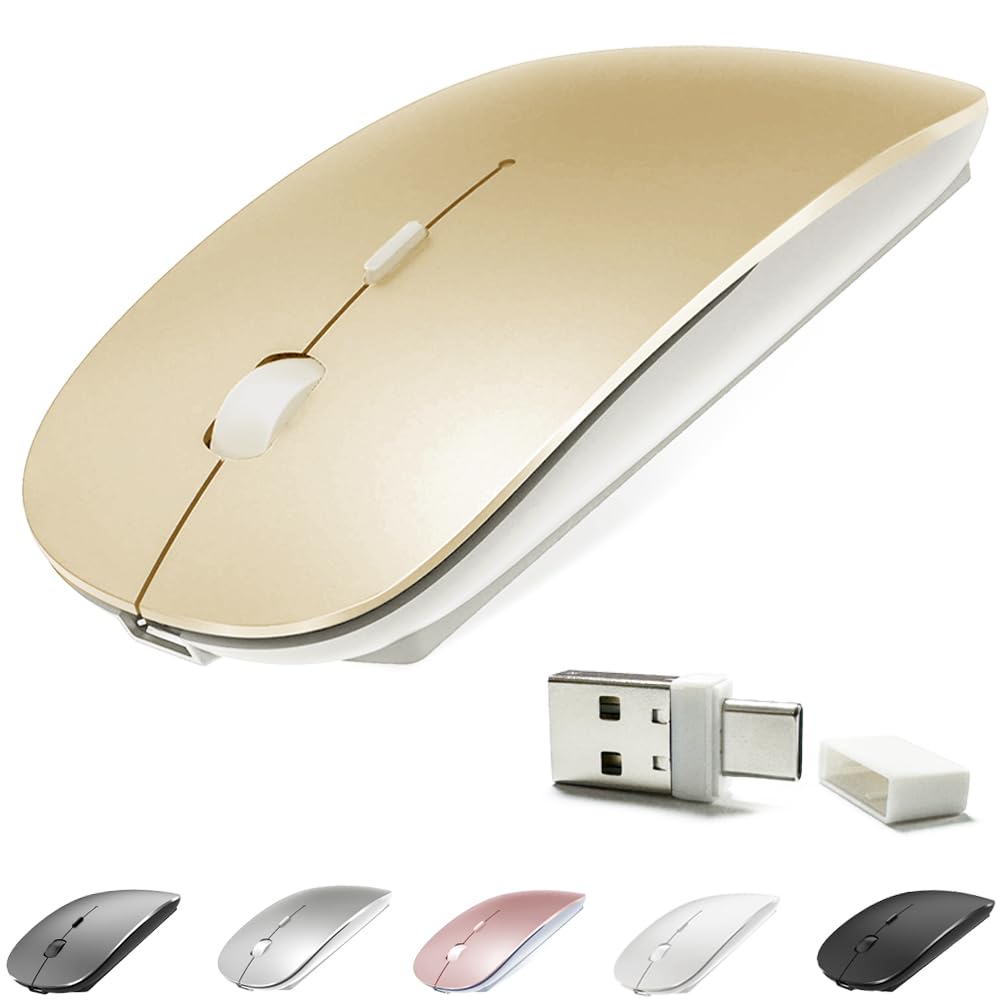 4 Modes Rechargeable Bluetooth Mouse BT3.0/5.2+USB-2.4G/Type-C,Wireless Mouse for MacBook pro/MacBook air/Laptop/iMac/ipad/Notebook/pc (BT/USB-C Gold)