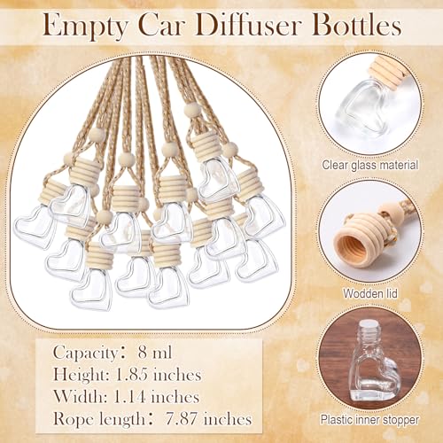 Image of DaisyInner 100 Sets Car Diffuser Bottles Empty Bulk Hanging Car Air Freshener Diffuser Bottles Glass Perfume Holder with Instruction Cards for Essential Oil Wedding Bridal Birthday Gifts (Heart)