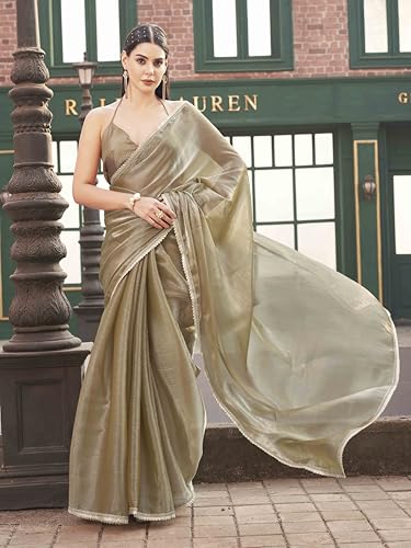 Womanista Women's Metallic Green Colored Jimmy Choo Saree With Brocade Blouse(Ti6851_Green_Onesize)