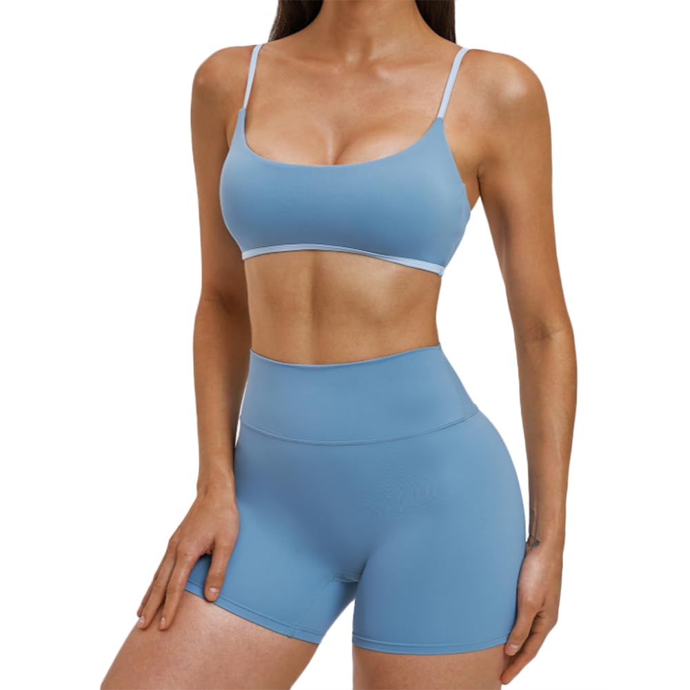 JPXJGT Women's 2 Piece Yoga Set Thin Strap Sports Bra & High Waist Biker Shorts Popular Workout Gym Activewear(Size:L,Color:Blue)