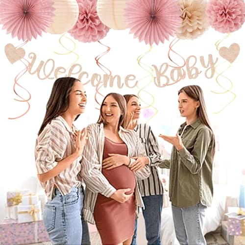 Image of Blush-Pink Rose-Gold Fall Baby-Shower Party-Decorations - 31pcs Welcome Home Banner Sign,Neutral Paper Lanterns,Girl Streamers Garland,Boho Hanging Tissue Pom Poms Flowers Fans Backdrop Decor Burgleda