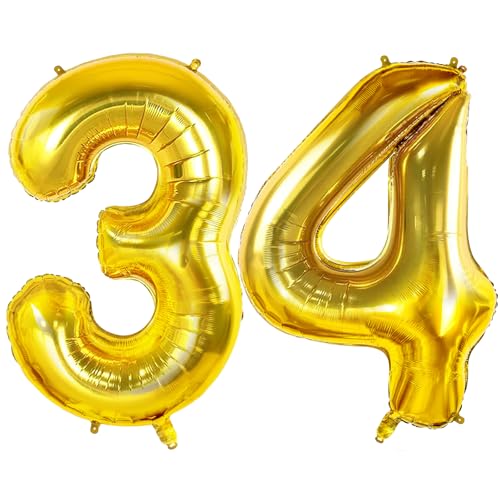 Number 34 Balloons for 34th Birthday Party Decorations, 0-100 Large No.34 for Women Men, Her Him, 40 Inch Gold Foil Helium for 34 Year Old Anniversary