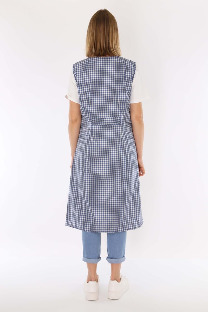 Schuerzenfabrik Delantal con botones para mujer, tejido mixto, a cuadros, sin brazo, delantal de cocina