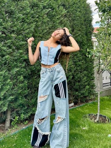 Mandonce Straight Leg Jeans Casual Jeans Spliced Ripped Jeans High Waisted Wide Leg Jeans for Women2