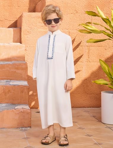 Image of OBEEII Boy's Muslim Arab Solid Color Thobe Long Sleeve Kaftan Embroidered Robe Islamic Arabic Abaya Thobe