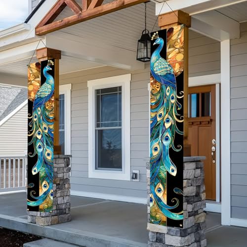 Image of BlissYard 2pcs Stained Glass Peacock Porch Banners Elegant Home Diwali Decoration Peacock Door Banner Seasonal Peacock Decor for Diwali Banner Holiday Hanging Front Door Cover for Porch Patio Garden