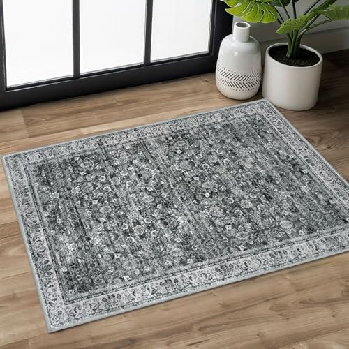 2x3 Washable Small Area Rug for Entryway, Moss Charcoal Soft Non-Slip Indoor Door Mat Distressed Floral Low-Pile Kitchen Rugs, Neutral Vintage Carpet for Entrance Bedside Farmhouse