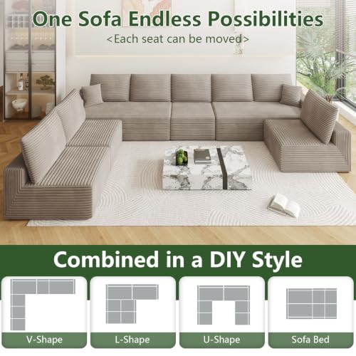 Image of Oversized Modular Sectional Sofa Couch, Large 8 Seater Corner Sofa Modern U Shaped Sectional Couch Cloud Couches for Living Room, Office, Spacious Space, Corduroy, No Assembly Required, Camel