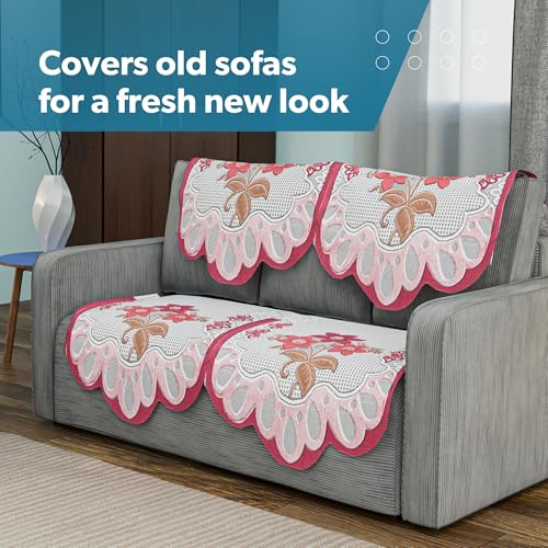 Image of Kuber Industries (Set of 6) Stylish & Durable Cotton Sofa Covers 2+1 Seater | Washable Sofa Protector /Mat & Slipcover for Living Room & Office | Painting Design-White & Pink