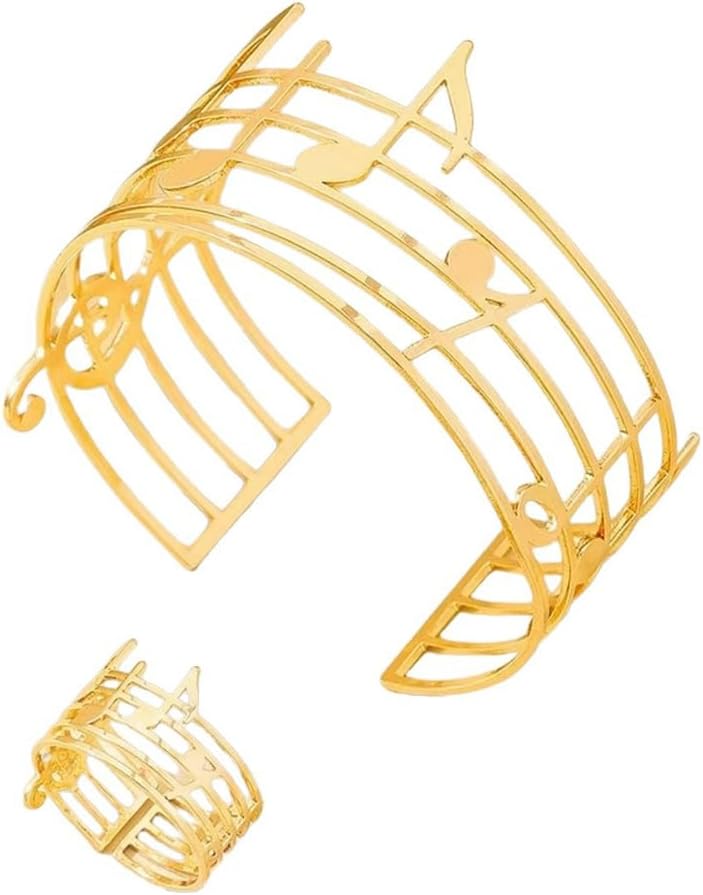 Dainty Musical Note Bracelet Ring Set 18K Gold-Tone Chunky Open Cuff Wrap Bangle Bracelet for Women Trendy Thumb Finger Band Music Note Ring for Daughter Sisters Friends Lover Colleague Birthday Christmas Fashion Jewelry Set