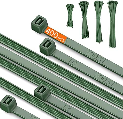 400pcs 4 Sizes Cable Zip Ties, Idemeet 12+10+8+4 Inch Heavy Duty PA66 Plastic Wire Ties, Premium Self-locking Nylon Cable Ties Decoration Tie Wraps for Gardening Fence Farming Grid Wall, Green