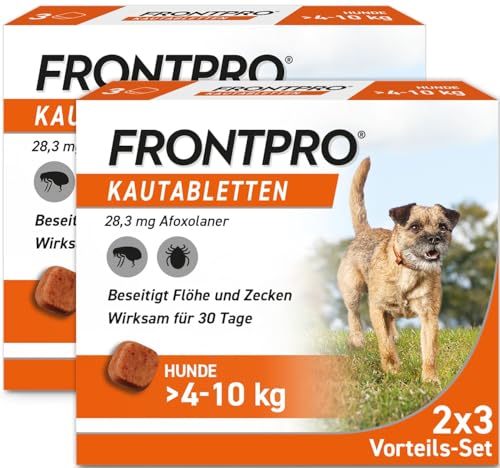 FRONTPRO Hund M - Kautablette gegen Zecken & Flöhe (Hunde 4 bis 10 kg) - 2x3 Kautabletten für 6 Monate Zecken- und Flohschutz
