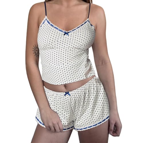 Image of Yuemengxuan Women Y2k Polka Dot Pajamas Sets 2 Piece Sexy Summer Outfits Set Sleeveless Strappy Cami Top Crop Top Shorts Set