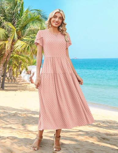 Image of Zeagoo Summer Dresses for Women 2026 Maxi Bohemian Floral Short Sleeve Long Dress Casual Flowy Tired Beach Sundress