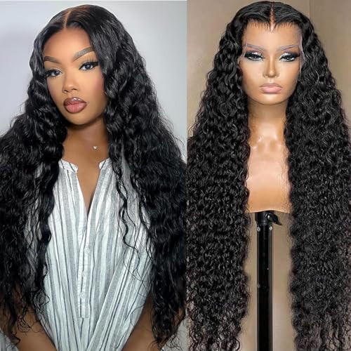 Image of KVFCT 34 Inch Deep Wave Frontal Wig 13x6 HD Transparent Lace Front Wigs Human Hair Deep Wave Glueless Curly Human Hair Wigs for Women Pre Plucked Deep Wave Wig with Baby Hair