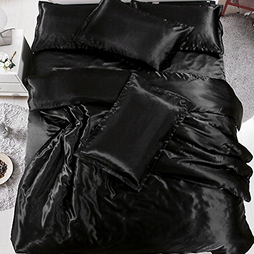 bennyuesdfd Juego de Funda de edredón de Seda Satinada con Funda de Almohada, 3 Piezas, Negro, Juego de sábanas para Cama Individual, 150 x 200 cm, Negro, Suelto