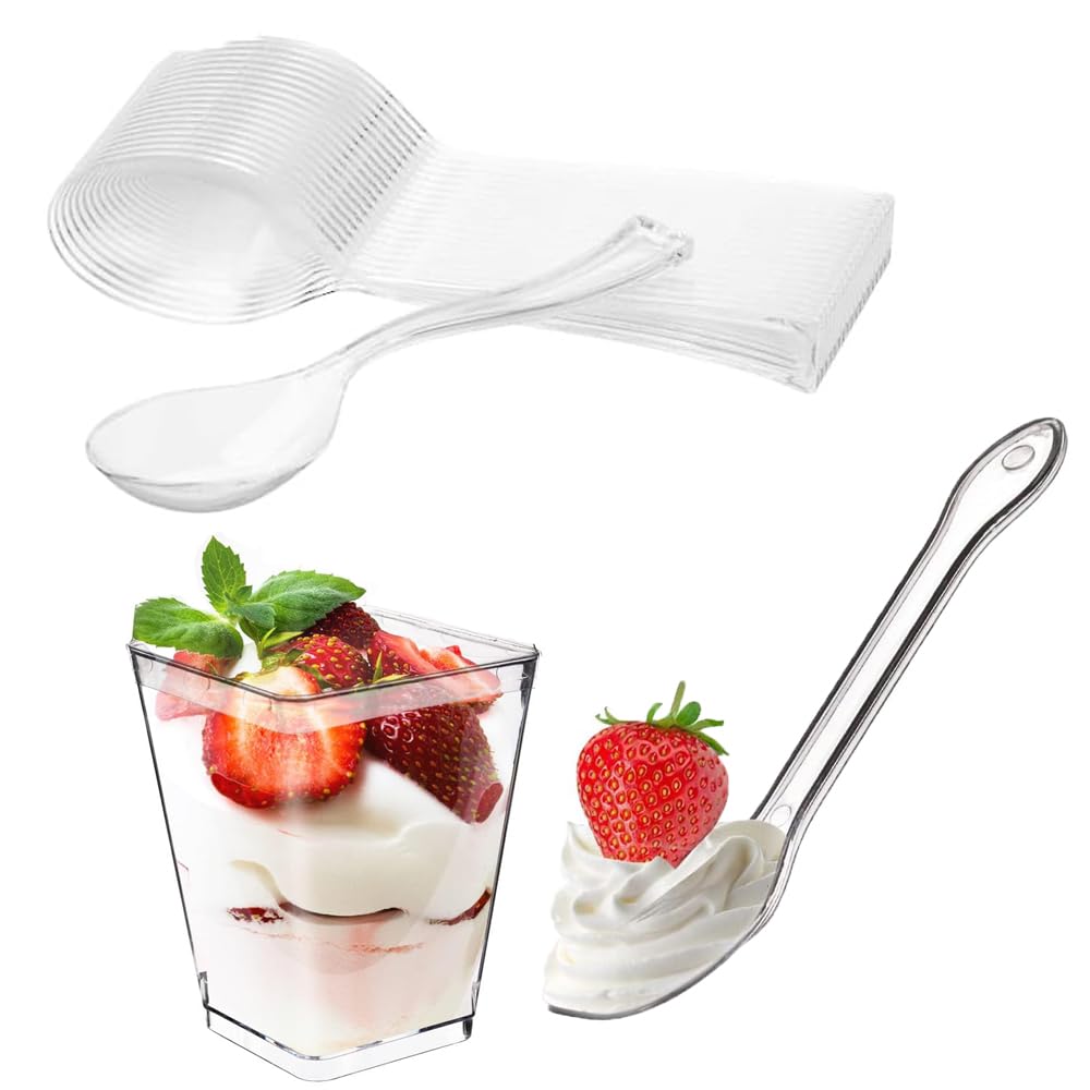 qisheng 50Pcs Dessert Spoons Mini Clear Plastic Spoons Oval Ice Cream Spoons Mousse Spoons Reusable and Washable Perfect for Parties, Birthdays, Caterings, Picnics Tableware and Dinnerware