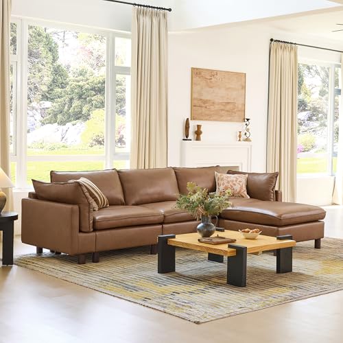 Image of CHITA 127 inch Super Large Sectional Couches for Living Room, Modular Cloud Couch Sectional Sofa, Premium Genuine Leather Sofa, Down Filled, High Density Foam, Real Leather in Saddle, 4 Seat L Shaped