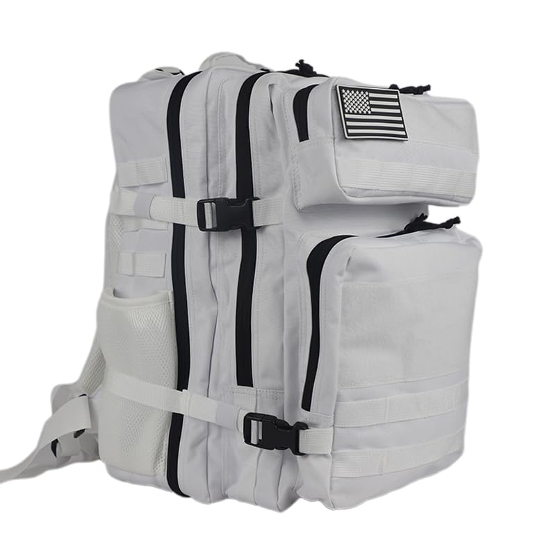 ZZYIF Mochila tática 25L, branca estilo militar 3P pacote de assalto com emblema da bandeira americana, mochila MOLLE impermeável para caminhadas ao ar livre e caça