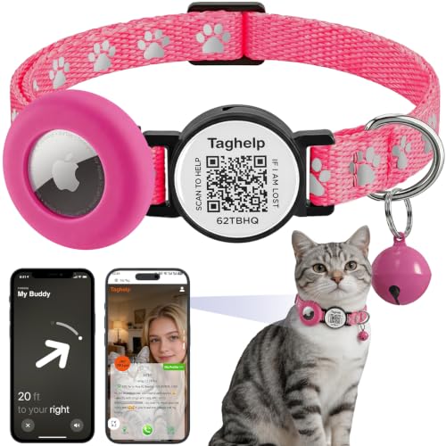 Reflective AirTag Cat Collar, QR Code with Air Tag Holder (Rose Red)