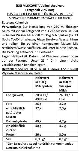 Mlekovita Vollmilchpulver 26% Fett, Nettogewicht - 400 g x 3 (1200 g) Sparset mit Löffel 16cm
