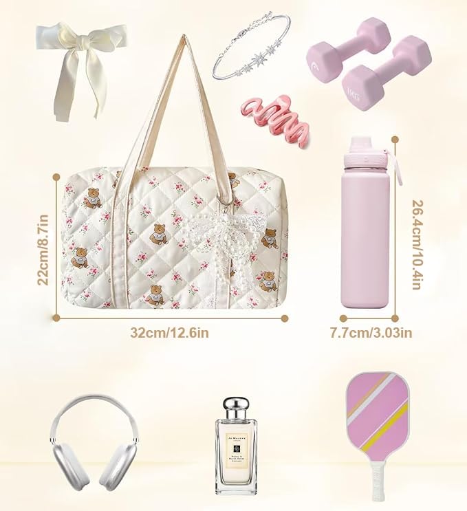 Rizzco Small Gym Bag for Women, Lightweight Travel Duffle Bag, Cute Kawaii Travel Weekend Bow Tote Bag with Ribbon Pearl Charm (White Bear)2