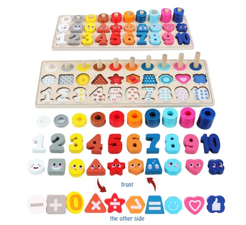 QZMTOY Wooden Montessori Toys for Kids, Toddler Number Puzzles Sorter Counting Shape Stacker Stacking Game Preschool Toys for Boy Girl Learning Education Math Blocks Chunky Puzzles Gift for Toddlers