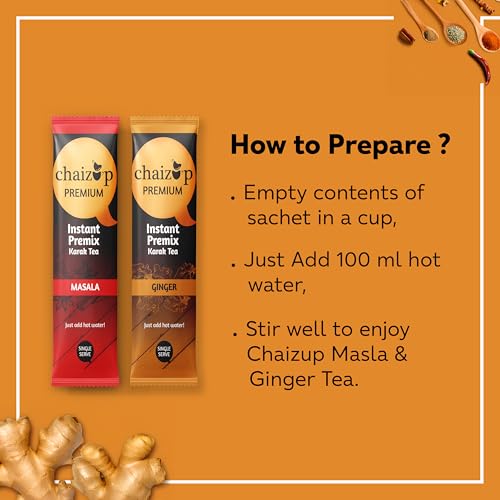 Image of Chaizup Premium 1 Min Instant Assorted Tea Pack - 20 Sachets | Ginger & Masala Flavours | 20 Servings | 2 Packs (10 Flavours Each) | 280g