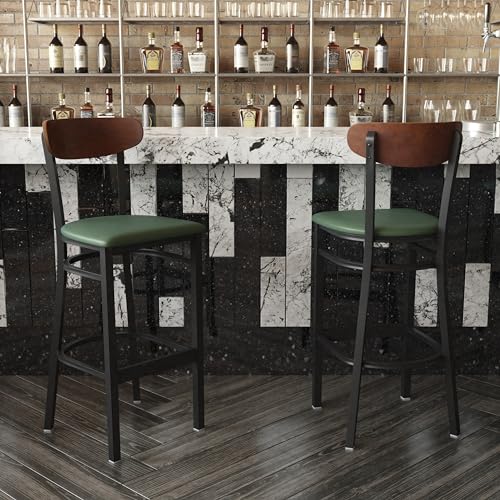 Image of Flash Furniture Wright Commercial Barstool - Walnut Finish Wood Boomerang Back - Green Vinyl Seat - 500 LB. Capacity Black Steel Frame - Integrated Footrest
