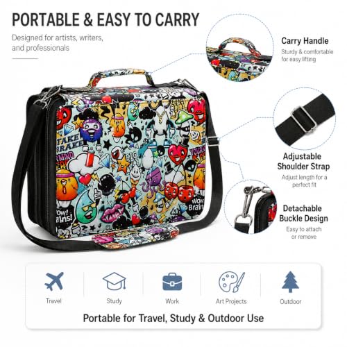 Image of 168-Slot Marker Organizer Bag, 3-Layer Case with Strap | 168-slot 3-layer marker bag in twill Oxford fabric with handle, detachable strap, smooth zipper for studio and outdoor use.