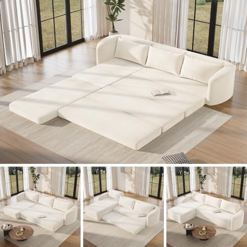 Image of Vesgantti 6 in 1 Convertible Folding Sleeper Sofa Bed, No Assembly, Beige | 110.2 inch L Shaped Modular Sectional Sofa, Curved Armrest, Deep Seat Boneless Couches for Living Room, Chenille, Left Facing