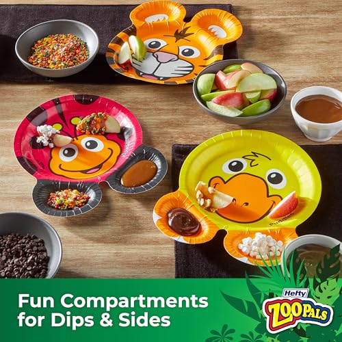 hefty zoo pals party edition paper plates for kids assorted animal designs 775 inches with two dipping compartments multi-color 20 count