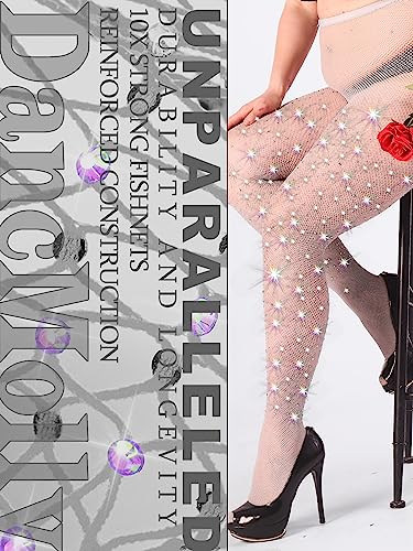 Image of DancMolly 10X Strong Ultra Sparkly Rhinestone Fishnet Stockings, Plus Size Sparkle Tights for Women Sexy Party Concert Outfit