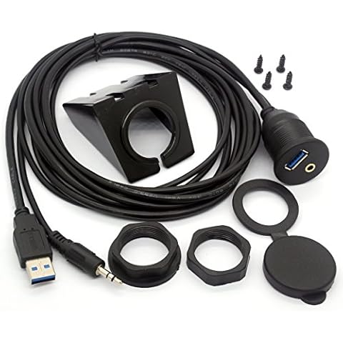 BSHTU USB 3.0 Flush Mount Cable - USB 3.0 and 3.5mm Aux Extention Mount, Flush, Dash, Panel Mount Cable 1/8 AUX for Car Bike Boat Motorcycle Radio Stereo Android (2 Meter/6Ft) Cover