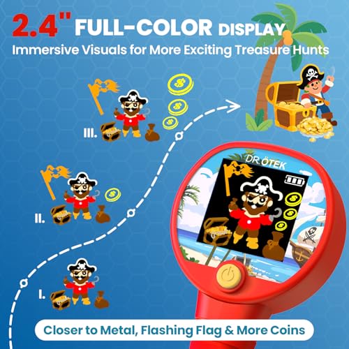 DR.ÖTEK Metal Detector for Kids - 2.4\" Color LCD Screen, 6.7\" LED Light-Up Coil, Adjustable & Lightweight Design for Boys & Girls Ages 3-12, Red - Thumbnail 2