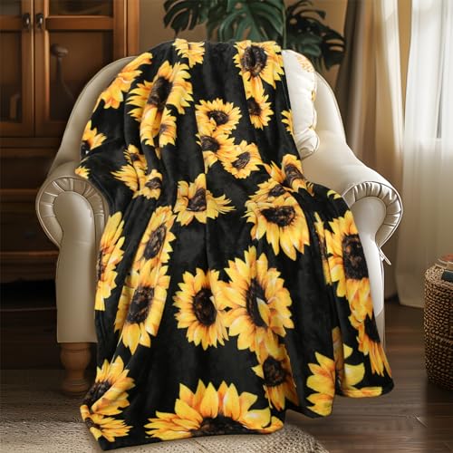 MACEVIA Sunflower Blankets Gifts for Women Flannel Fleece Sunflower Gift Floral Throw Blanket for Couch Bed Sofa Soft Cozy Warm Lightweight Blankets for Travel Camping 260GSM (50x60)
