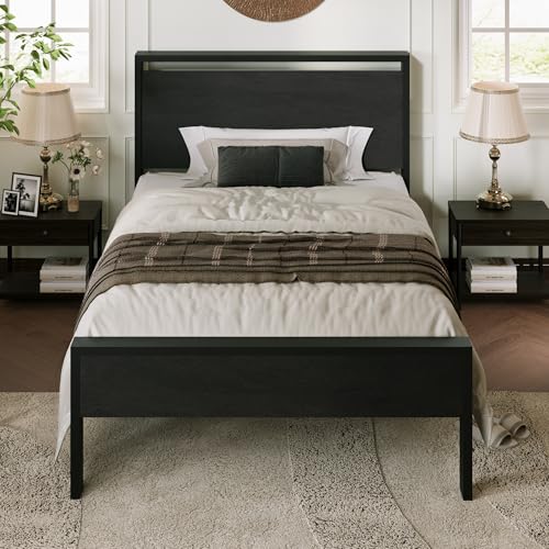 Image of Allewie Twin Size Bed Frame, Heavy Duty 12 Metal Slats Support, Black Oak
