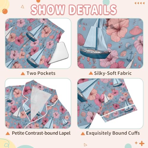 senya Anchor Sailboat Shellfish Flower Satin Summer Pajama Sets Silk Short Sleeve Button Down Sleepwear3