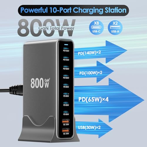 Image of 800W USB C Charger Block, 10 Port Charging Station, GaN Ⅲ Charging Station for Multiple Devices, Travel Charger for Multiple Devices, USB C Charging Hub Compatible with MacBook iPhone iPad Dell